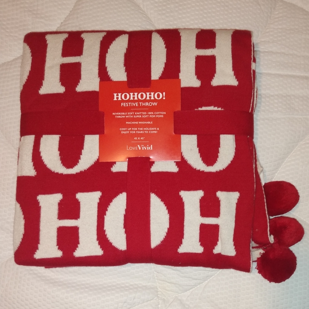 New With Tags Large "HO HO HO" Cotton Knit Throw with Poms. 45" x 45"